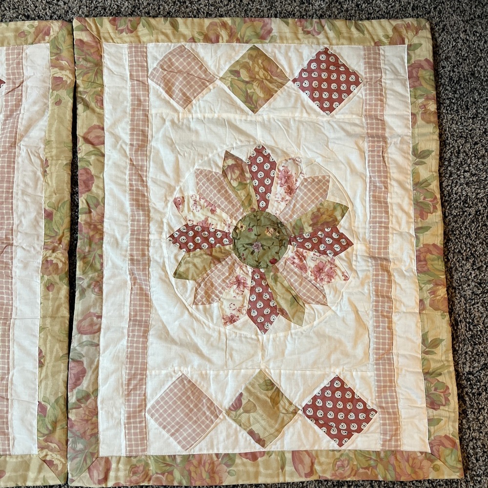 2 Vintage quilted twin size pillow shams pink Green, White Floral‎ & Plaid